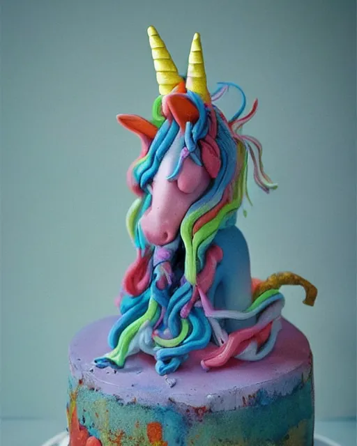 Prompt: photo of a childrens birthday cake unicorn designed by beksinski, bokeh