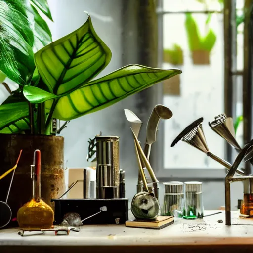 Prompt: A close-up shot of a metal table with laboratory tools and materials in an abandoned biopunk laboratory, plants everywhere, jungle themed, monstera, life, biological experiments,