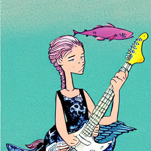 Prompt: illustration of a mermaid playing an stratocaster electric guitar, under the sea, by Bill Watterson