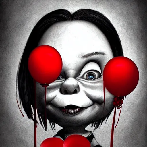 Prompt: surrealism grunge cartoon portrait sketch of a flower with a wide smile and a red balloon by - michael karcz, loony toons style, chucky style, horror theme, detailed, elegant, intricate