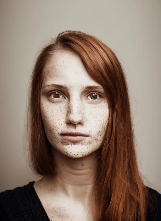 Prompt: portrait of a 2 3 year old woman, symmetrical face, freckled, she has the beautiful calm face of her mother, slightly smiling, ambient light