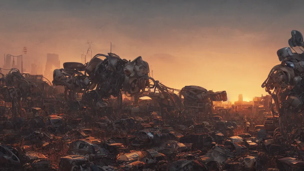 Image similar to a Photorealistic hyperrealistic render of a Robot Junkyard full of weathered and well worn down Robots by PIXAR,Greg Rutkowski,WLOP,Artgerm,dramatic moody sunset lighting,long shadows,Volumetric, cinematic atmosphere, Octane Render,Artstation,8k