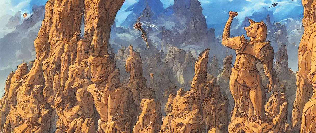 Prompt: A beautiful illustration of anthropomorphic Feline warriors statues carved in cliffsides by Robert McCall and Ralph McQuarrie | sparth:.1 | Graphic Novel, Visual Novel, Colored Pencil, Comic Book:.2 | unreal engine:.5 | viewed from below | establishing shot