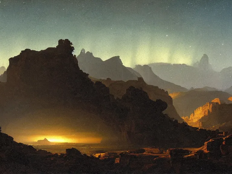 Prompt: an oil painting of a canyon on an alien planet with a distant mountain at dusk with aurora lighting up the sky by carl spitzweg and tuomas korpi. baroque elements, full-length view. baroque element. intricate artwork by caravaggio. Trending on artstation. 8k