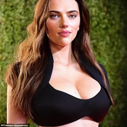 Image similar to a woman who is a genetic combination of kim kardashian and kat dennings and scarlett johansson and margot robbie and emma watson, face and upper - body focus