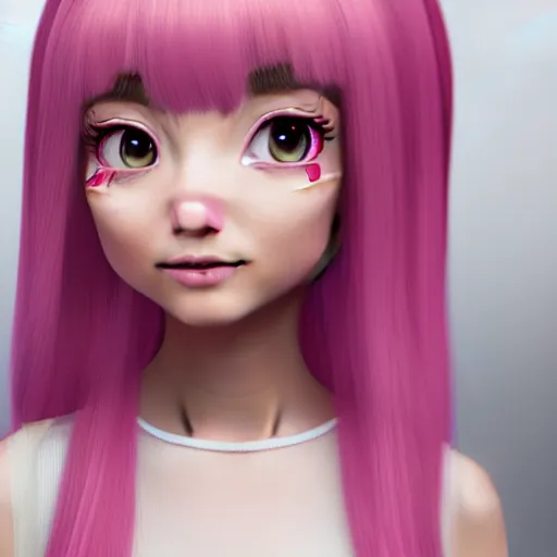 Image similar to A portrait of Nikki from Shining Nikki and Love Nikki, a cute 3d cgi toon young woman with long light pink hair, full bangs, hazel eyes, full round face, light makeup, pale skin, Chinese heritage, medium shot, mid-shot, hyperdetailed, 8k, trending on artstation, as a Pixar character