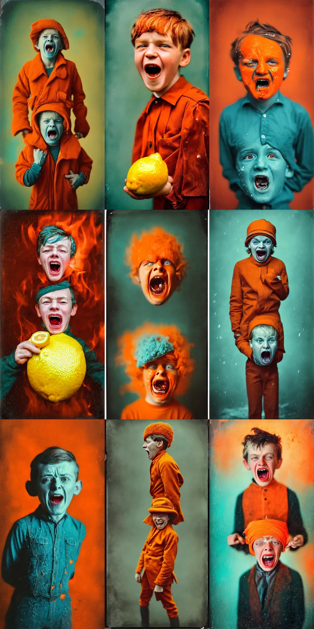 Image similar to kodak portra 4 0 0, wetplate, 8 k, shot of a highly detailed, britt marling style, colour still - life portrait of a lemon looks like a handsome screaming 8 year old boy in a dangerous snow hell fire storm, 1 9 2 0 s cloth, 1 9 2 0 s hair, teal and orange, muted coloures