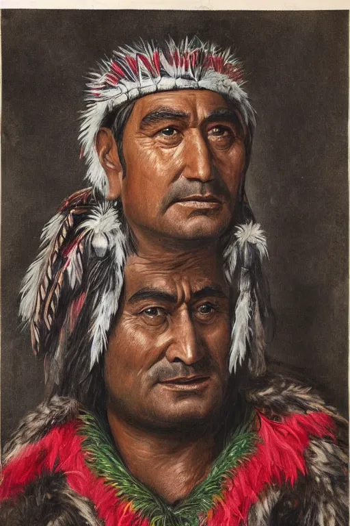 Prompt: a painted portrait of taika waititi as a maori chief as painted by c f goldie, lindauer