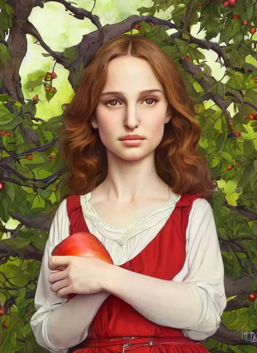 Image similar to well - lit art nouveau portrait of a 1 3 - year old girl wih resembles natalie portman and emily browning looking distressed under an apple tree, natural lighting, path traced, highly detailed, high quality, cartoon, digital painting, by don bluth and ross tran and studio ghibli