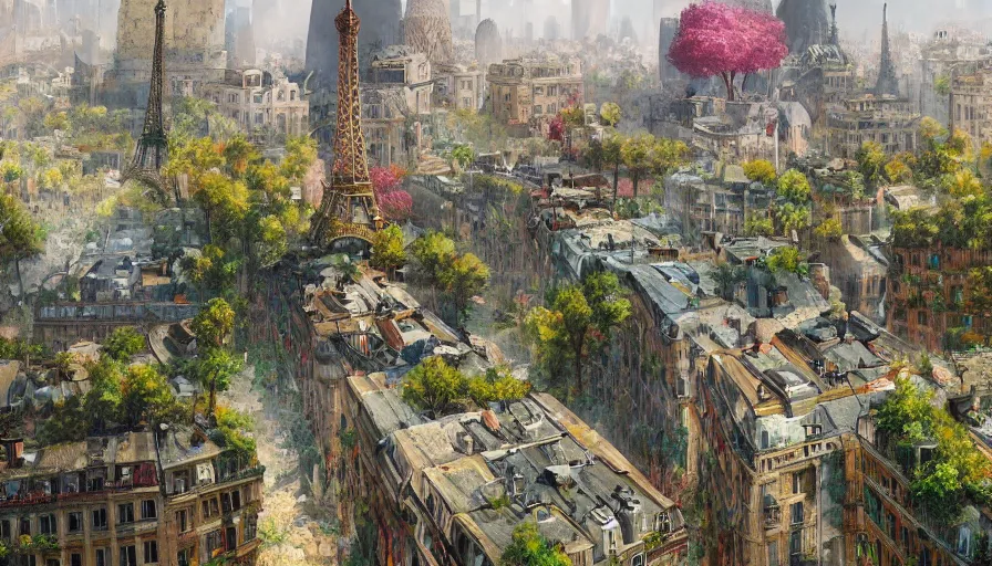 Prompt: Paris abandoned for several centuries and covered by colorful plants, hyperdetailed, artstation, cgsociety, 8k