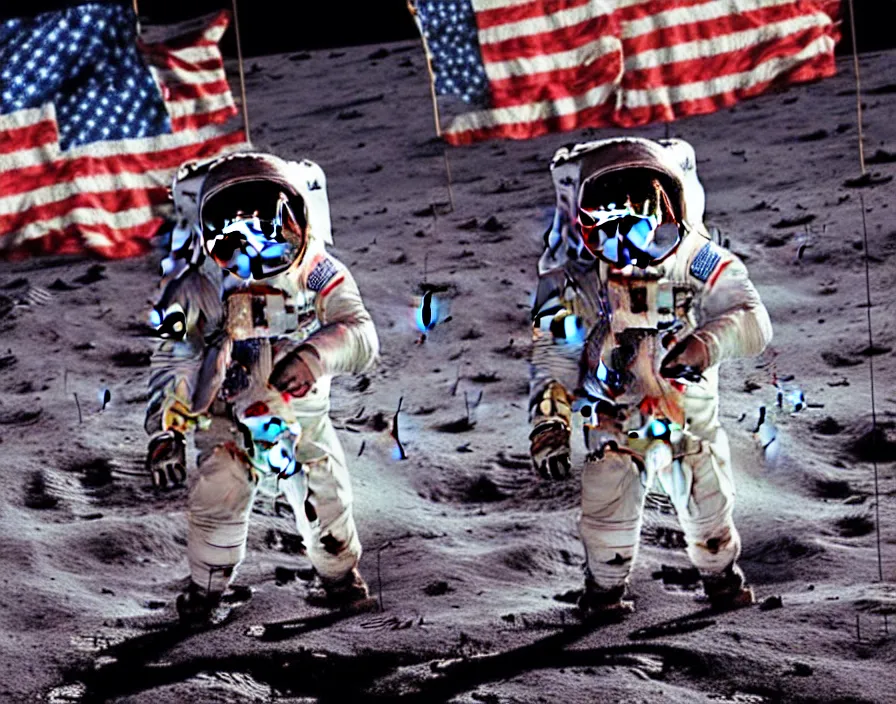 Prompt: One small step for man, one giant leap for man kind; zombie Neil Armstrong lands on the moon hoisting a neon American flag; cyberpunk moon landing; rendered by unreal engine 5; ultra high detail painting; 4K 8K; stunning composition; illustration; rich hues; saturated Miami Vice neon