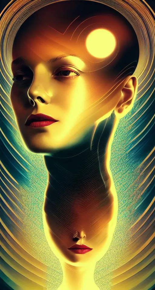 Image similar to art deco close up portait of head surrounded by spheres, like a dream digital painting curvalinear cinematic dramatic fluid lines otherworldly vaporwave interesting details epic composition by artgerm