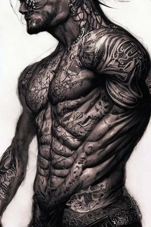 Image similar to Portrait of frontal standing pose torso of a very attractive man heavily all his skin is covered by BIKER tattoos, surrounded by magic lightings overlays, Intricate, concept art, magic lighting overlays, magical portal opened, D&D!, fantasy style, sharp focus!, ultra detailed, art by Artgerm and Peter Andrew Jones, WLUP, Magali Villeneuve