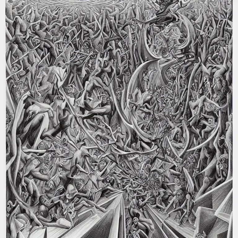 Image similar to transformation through death by Alex Grey and M. C. Escher collaboration