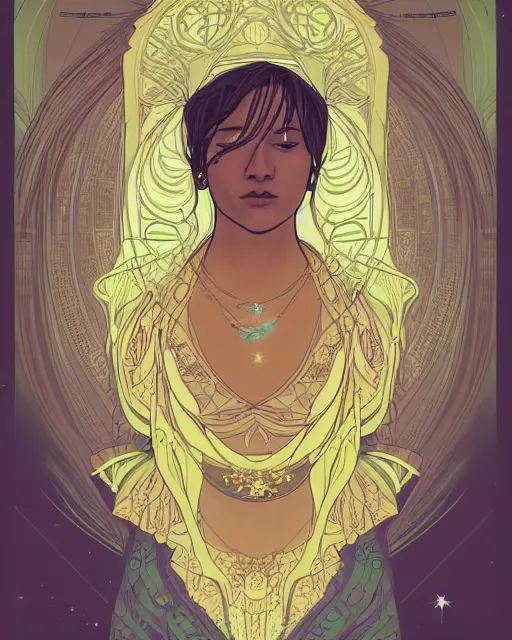 Prompt: a portrait of a galaxy as an androgynous druid spirit wearing five necklaces of moons and stars, draped in transparent cloth, flat colors, occult, minimal, swirly, bust by amy brown and alphonse mucha, decorative art nouveau border, astrophotography, vast cosmos, digital concept art, trending on artstation