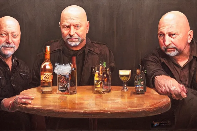 Prompt: portrait of tom atkins and donald pleasents drinking tequila shots, an oil painting by ross tran and thomas kincade