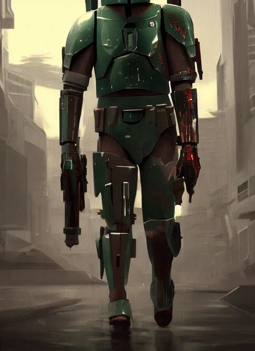 Prompt: Cyberpunk Boba Fett walking towards camera, low angle, epic, artstation, cyberpunk, intricate complexity