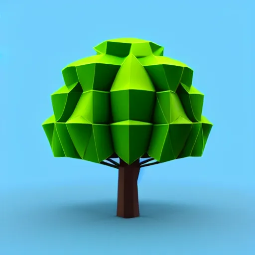 Image similar to a 3d low poly object of just a small green tree on the blue background