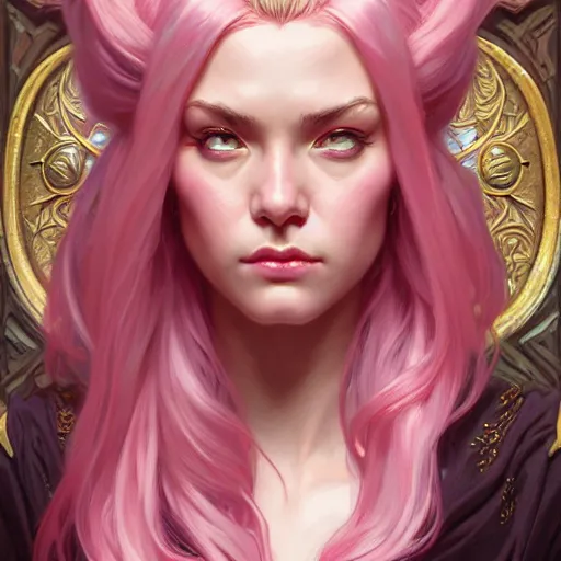 Image similar to aristocrat scowling, female, d & d, fantasy, intricate, elegant, highly detailed, pink hair, digital painting, artstation, octane render, concept art, matte, sharp focus, illustration, hearthstone, art by artgerm, alphonse mucha johannes voss