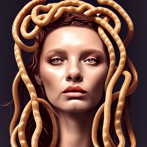 Prompt: portrait of medusa with long thin sausages instead of snakes, sausage hair, painting, illustration, intricate details, masterpiece, digital art, trending on artstation