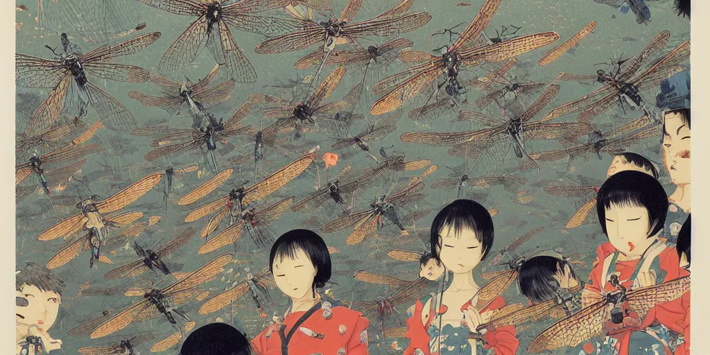 Prompt: gigantic dragonflies with human faces catch tiny robots, a lot of exotic mechas robots around, human heads everywhere, risograph by kawase hasui, satoshi kon and moebius, 2 d gouache illustration, omnious, intricate, a lot of tiny details, fullshot