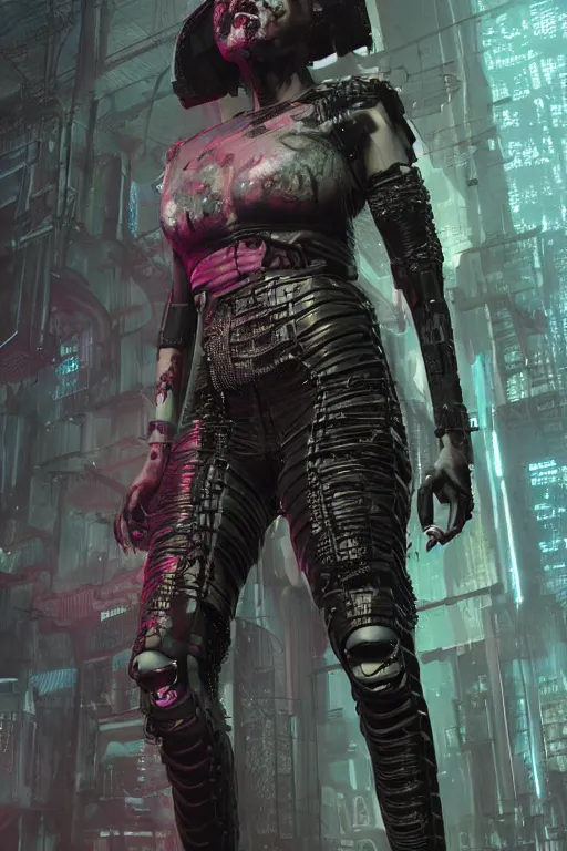 Image similar to Dark cyberpunk underground club girl. Biopunk, body armor, high detail, photorealism, full length view, concept art, Dan Mumford, Greg Rutkowski, Quixel Megascans, octane render, 16k, 8k, photoillustration