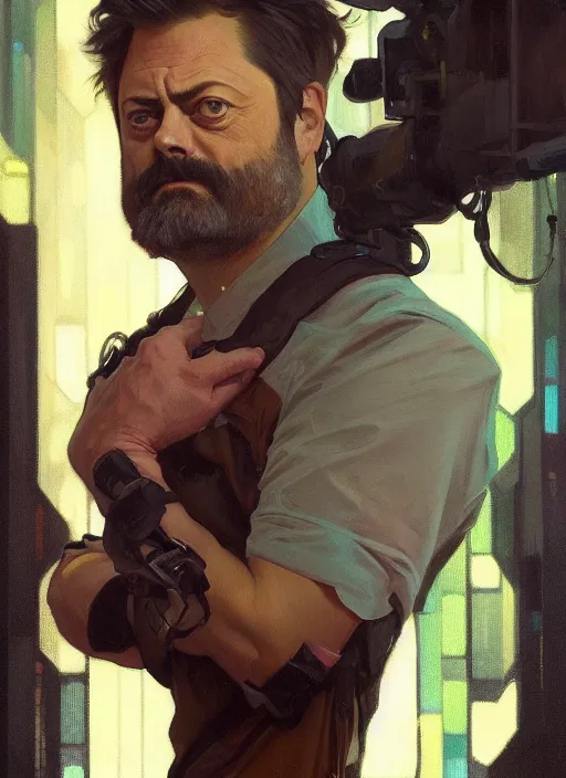 Image similar to a full body portrait oil painting illustration of nick offerman by justin sweet and greg rutkowski and alphonse mucha with face and body clearly visible, techwear, futuristic, cyberpunk, artstation trending, high quality, sombre mood, artstation trending, abstract colours, no crop, entire character!,