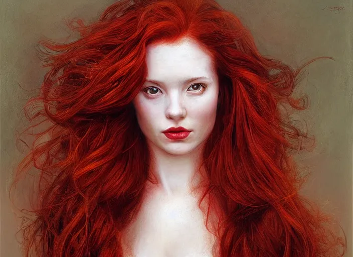 Image similar to a highly detailed beautiful portrait of woman with deep red hair, heat emanating from her hair ( fiery ), james gurney, james jean