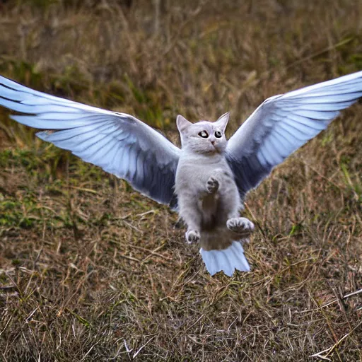 Prompt: award winning nature photo of a flying cat with dove wings, 4k, sharp, corrected