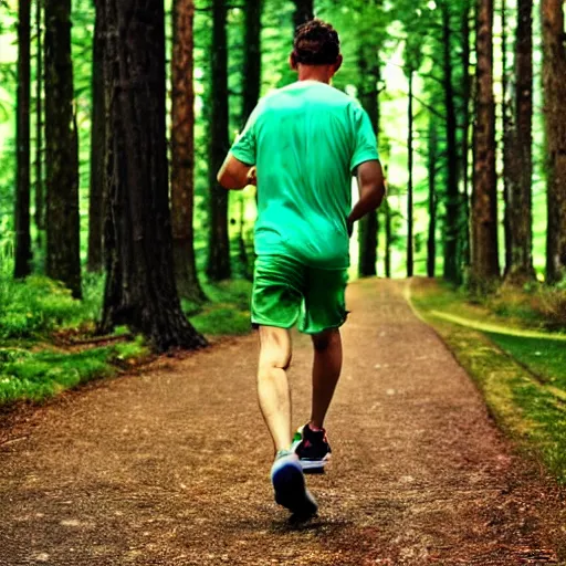 Image similar to a sporty guy in acid-green sneakers, runs alone through a forest with tall trees, comic book art, a shot from the back in perspective,