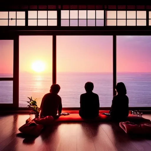 Prompt: a cozy room in Japan with the sunset through the windows and a couple watching the sunset together