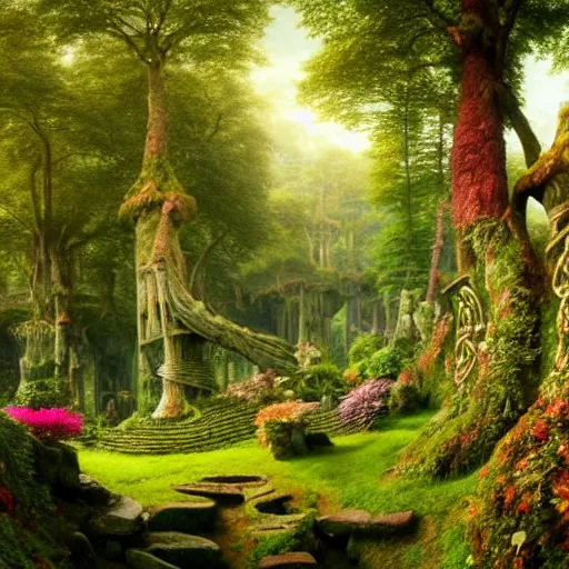 Image similar to a beautiful and highly detailed matte painting of a lush garden in a beautiful forest, carved celtic stone runes, psychedelic colors, intricate details, epic scale, insanely complex, hyperdetailed, artstation, cgsociety, 8 k, sharp focus, hyperrealism, by caspar friedrich, albert bierstadt, james gurney, brian froud,