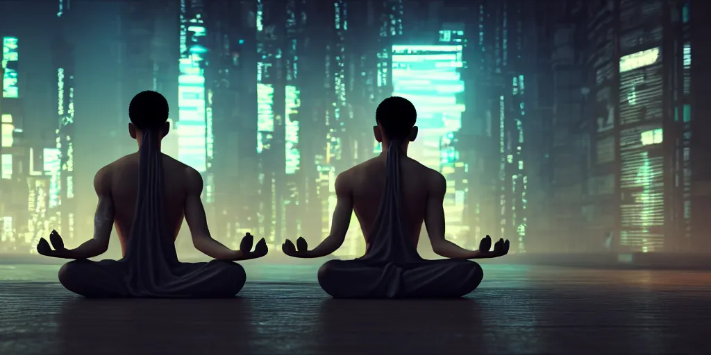 Image similar to meditating monk in cyberpunk style, ultra realistic 8 k resolution.