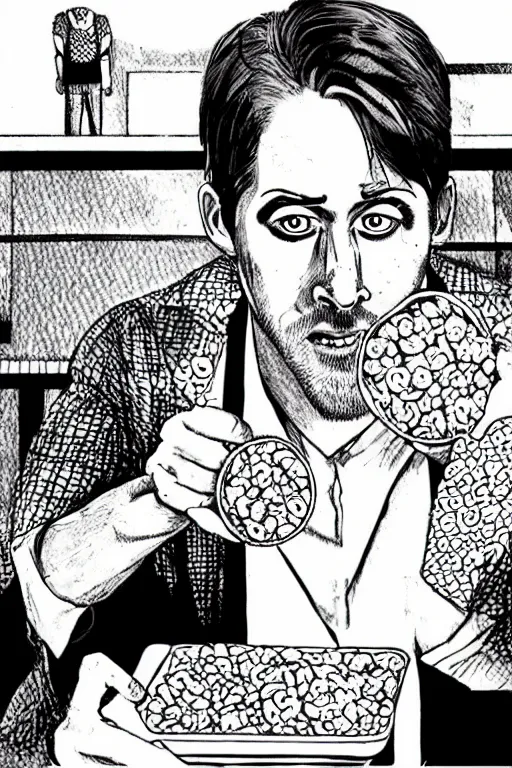 Image similar to junji ito illustration of ryan gosling eating cereal