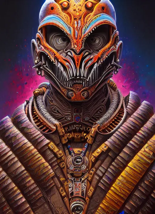 Prompt: hyper detailed ultra sharp of a aztec biomechanical warrior trance man. trending on artstation, warpaint aesthetic, earthwave, colorful, psychedelic, ornate, intricate, digital painting, concept art, smooth, sharp focus, illustration, art by artgerm and greg rutkowski and h. r. giger, 8 k