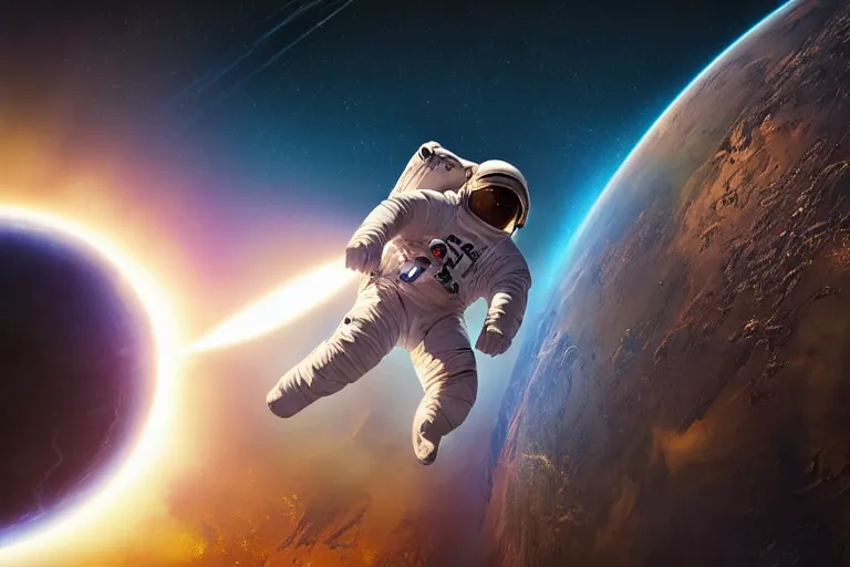 Prompt: astronaut in space wearing a spacesuit floating, meteor hitting earth in background, highly detailed, photorealistic portrait, bright studio setting, studio lighting, crisp quality and light reflections, unreal engine 5 quality render