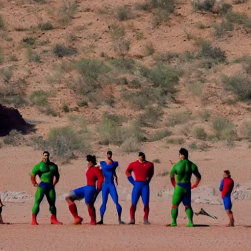 Image similar to supermen and hulk playing soccer at desert, a crowd watching they play