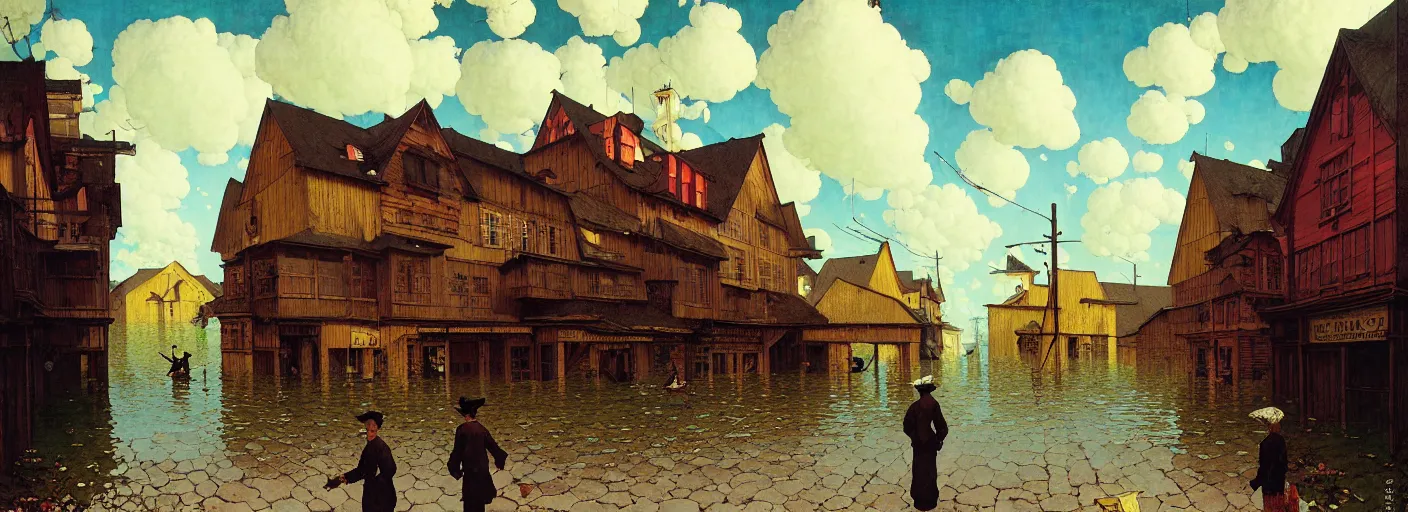 Image similar to flooded old wooden city street, very coherent and colorful high contrast masterpiece by norman rockwell rene magritte simon stalenhag carl spitzweg jim burns, full - length view, dark shadows, sunny day, hard lighting, reference sheet white background