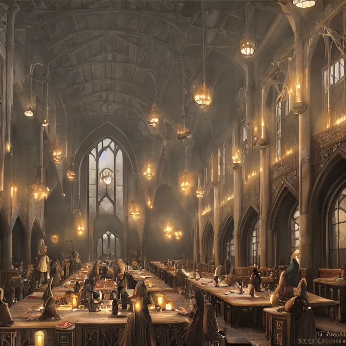 Image similar to interior view of hogwarts dining hall by tom bagshaw