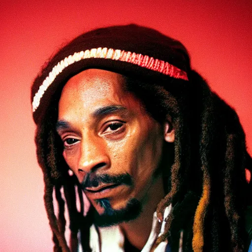 Image similar to cinematic film still of Snoop Dogg starring in a Steven Spielberg film as Bob Marley, candid photo, 1999, Jamaica, shallow depth of field, close up photograph, epic lighting