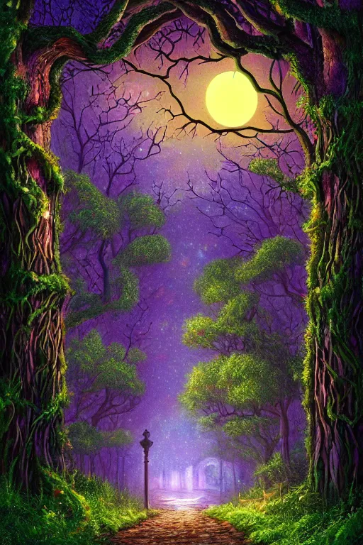 Prompt: a beautiful digital illustration painting of a detailed gothic fantasy fireflies forest trees and iron gate cobblestone pathway vines full moon by lisa frank, james gurney, 8 k resolution trending on artstation concept art digital illustration