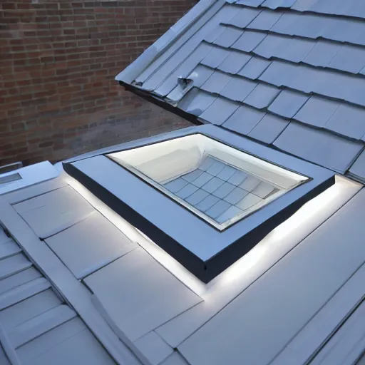 Image similar to looking up at roof skylight with led strip light surround, realistic, photography, home and garden, houzz, highly detailed, 8k,