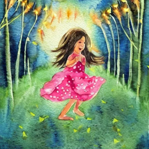 Prompt: A little girl with wavy brown hair with a happy expression wearing a summer dress dancing with fireflies, she is in the distance. beautiful watercolor painting.