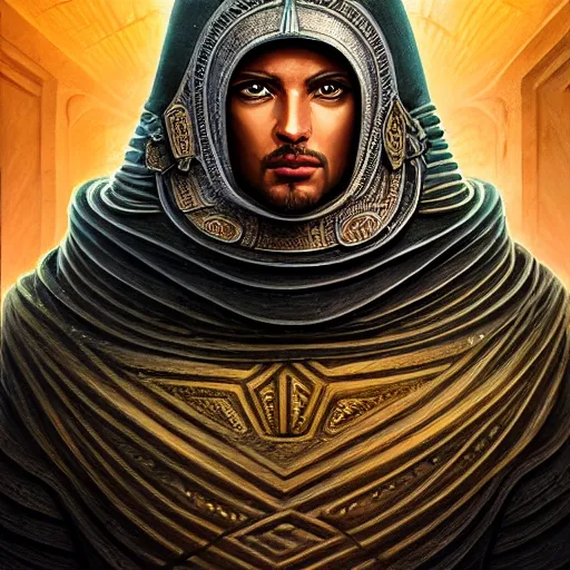 Prompt: detailed portrait of emperor of dune muad'dib, old roman style, non - reflective gray neon cloak, decorated with traditional atreides ornaments by rhads, makoto shinkai cyril rolando, madgwick illustrated, perfect face, fine details, realistic shaded, fine - face, pretty face