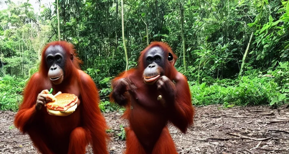 Prompt: an orangutan holding a burger in one hand and a drink in the other