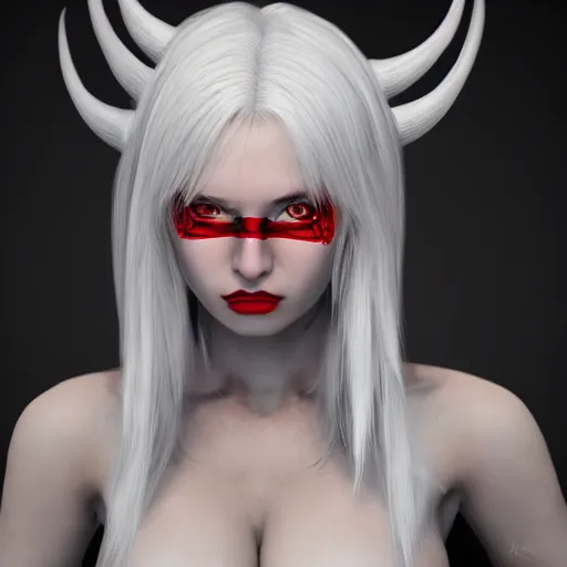 Image similar to a highly detailed portrait of a humanoid demon girl with white hair, red horns, in white clothes, artstation, deviantart, professional, unreal engine 5, photorealistic