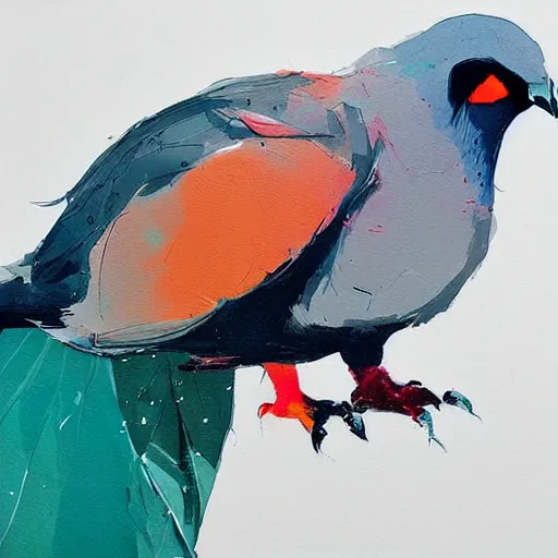 Image similar to aggressive pigeon, painted by Conrad Roset, detailed brushstrokes