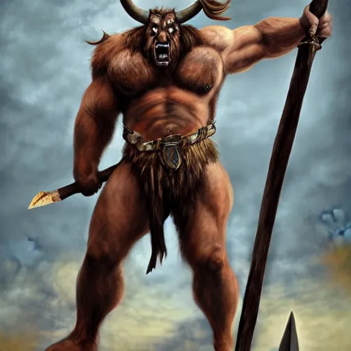 Image similar to Giant minotaur beast warrior with two handed axe, impressive horns, long mane, full body, muscular, dungeons and dragons, hyperrealism, high details, digital painting