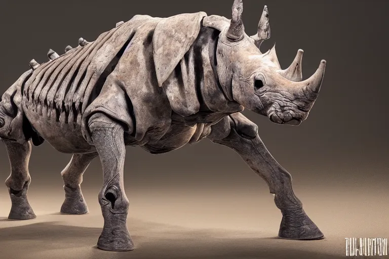 Prompt: a cinematic view of the entire skelleton of a rhino made of stained bones, true realistic image, detailed image