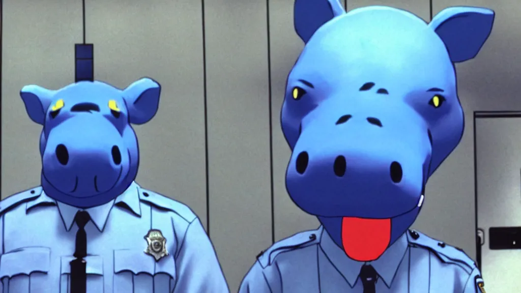 Image similar to a cop wearing a blue hippo mask standing in a police station, anime film still from the an anime directed by Katsuhiro Otomo with art direction by Salvador Dalí, wide lens